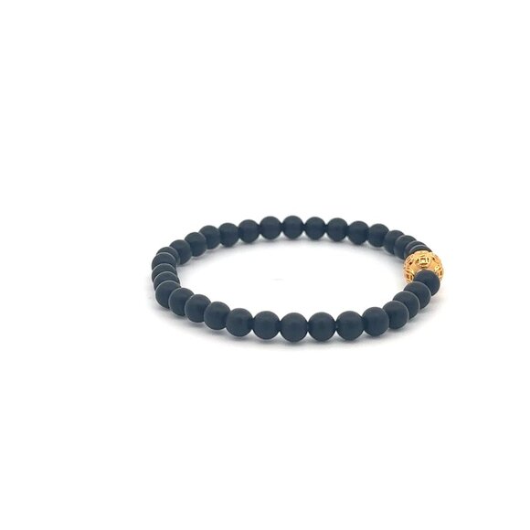 18K Gold Money Coin Ball Lucky Bracelet Mini Gemstones Black Matte Onyx 4mm - Picture 4 of 6